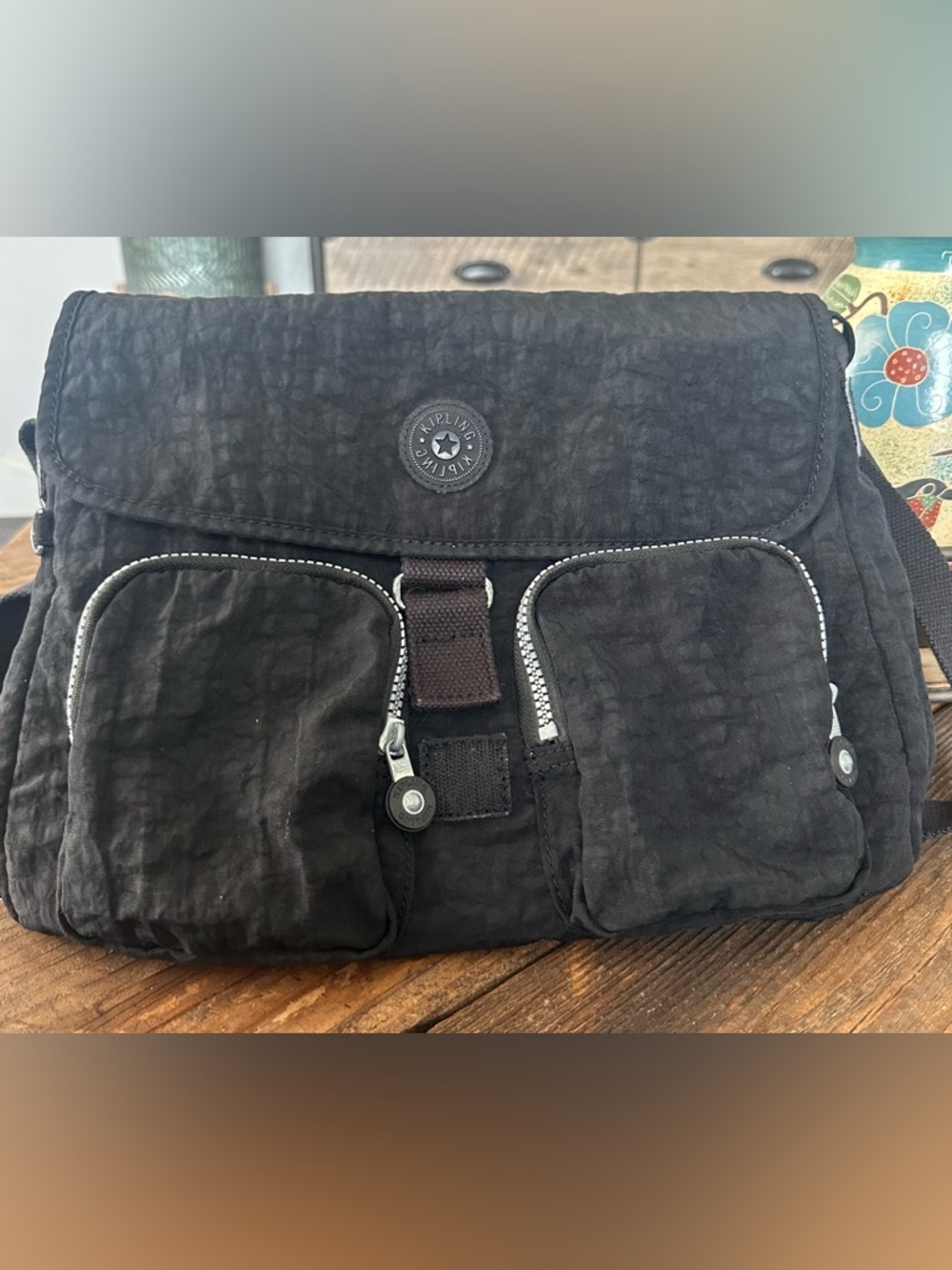 Kipling Black Nylon Flap Crossbody Bag with Front Pockets